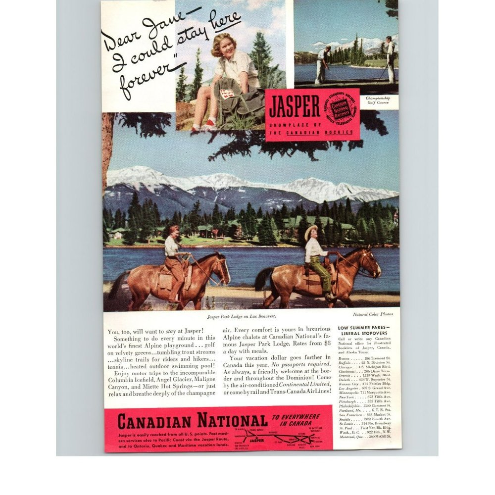 1940 Canadian National Railway Jasper Park Lodge Horseback Vintage Print Ad CN